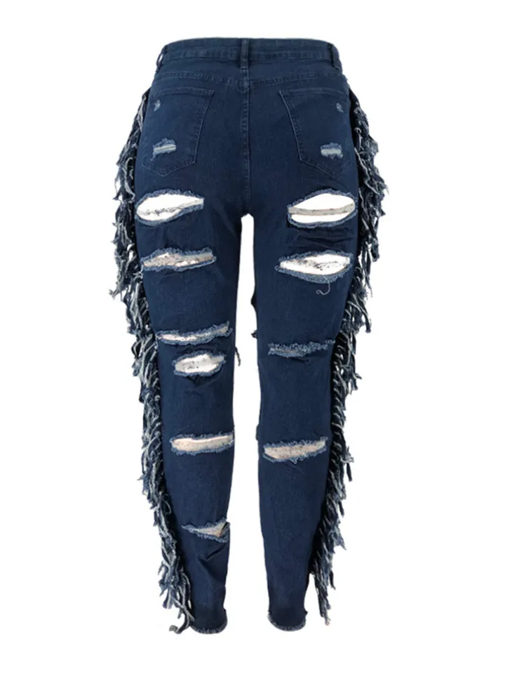 Plus Size Fringe Ripped Cutout Denim Jeans