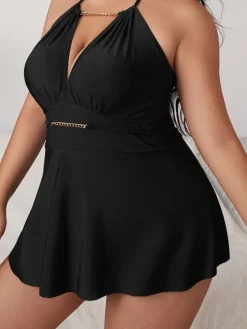 Plus Size Halter Chian Backless Swimsuit