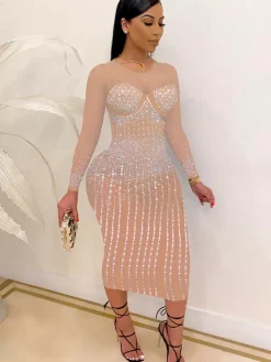 Plus Size Hot Drilling Mesh Long Sleeve Midi Dress