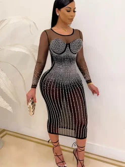 Plus Size Hot Drilling Mesh Long Sleeve Midi Dress