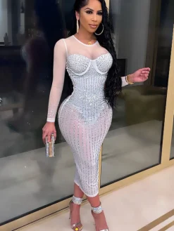 Plus Size Hot Drilling Mesh Long Sleeve Midi Dress