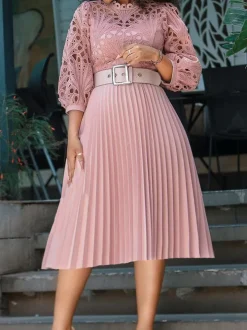 Plus Size Lace Hollow Out Pleated Dress