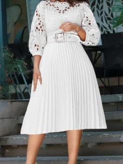 Plus Size Lace Hollow Out Pleated Dress