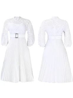 Plus Size Lace Hollow Out Pleated Dress