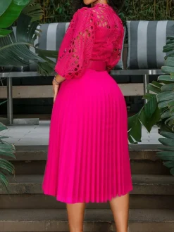 Plus Size Lace Hollow Out Pleated Dress