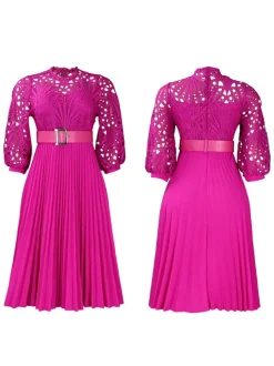 Plus Size Lace Hollow Out Pleated Dress