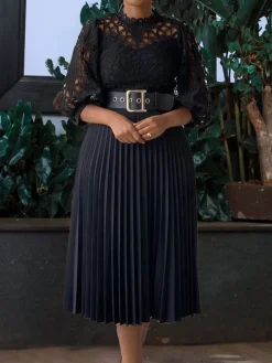 Plus Size Lace Hollow Out Pleated Dress