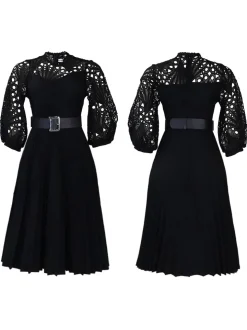 Plus Size Lace Hollow Out Pleated Dress
