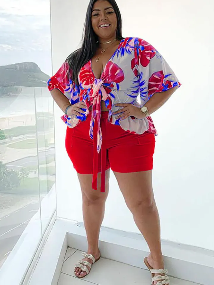 Plus Size Lace Up Ruffle Sleeve Floral Shorts Set
