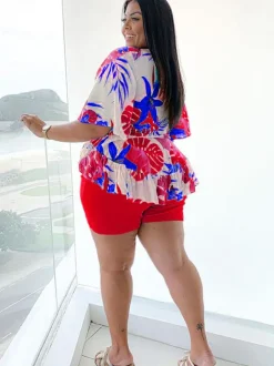 Plus Size Lace Up Ruffle Sleeve Floral Shorts Set
