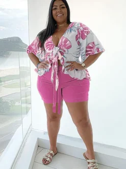 Plus Size Lace Up Ruffle Sleeve Floral Shorts Set