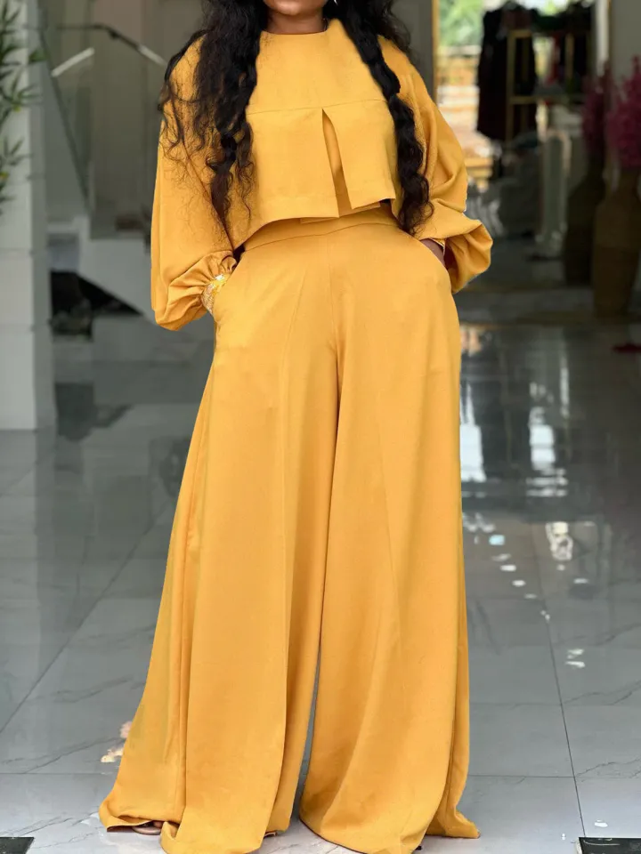 Plus Size Lantern Sleeve Wide Leg Pants Set