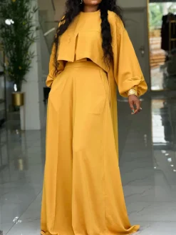 Plus Size Lantern Sleeve Wide Leg Pants Set