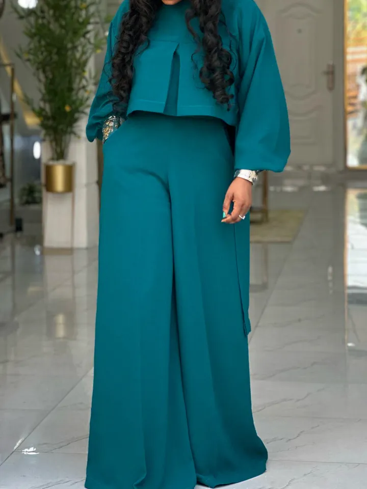 Plus Size Lantern Sleeve Wide Leg Pants Set