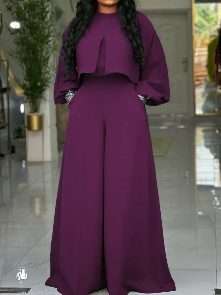 Plus Size Lantern Sleeve Wide Leg Pants Set