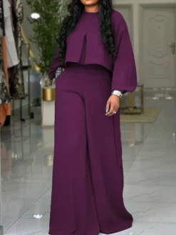 Plus Size Lantern Sleeve Wide Leg Pants Set