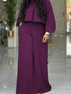 Plus Size Lantern Sleeve Wide Leg Pants Set
