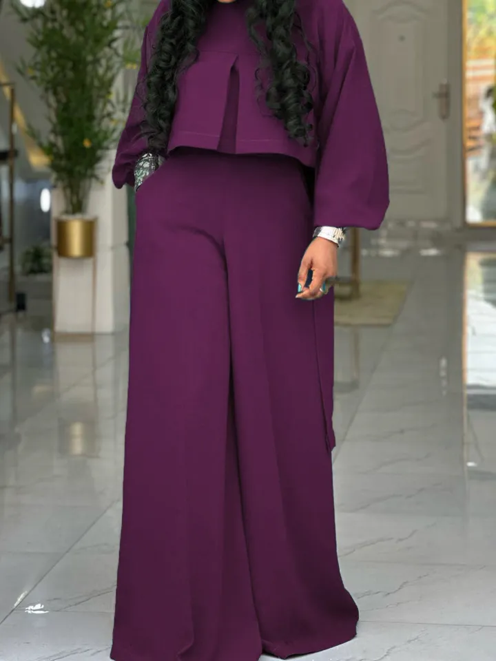 Plus Size Lantern Sleeve Wide Leg Pants Set