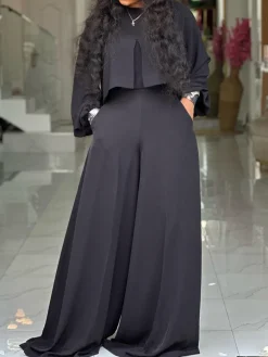 Plus Size Lantern Sleeve Wide Leg Pants Set