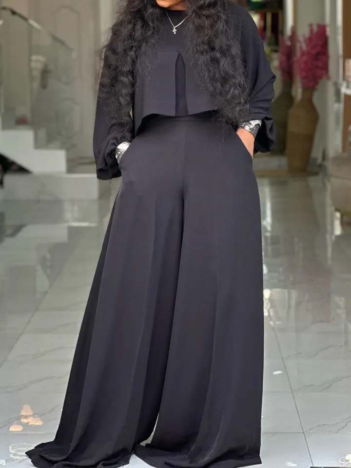 Plus Size Lantern Sleeve Wide Leg Pants Set