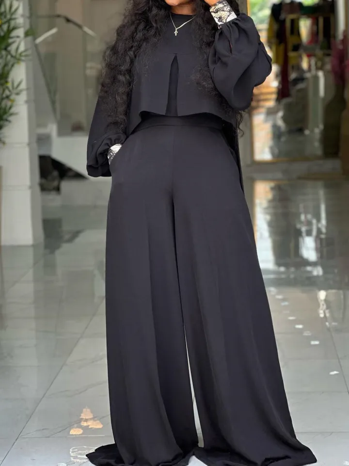 Plus Size Lantern Sleeve Wide Leg Pants Set