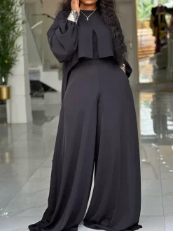 Plus Size Lantern Sleeve Wide Leg Pants Set