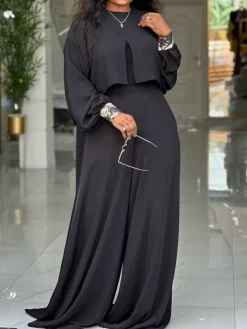 Plus Size Lantern Sleeve Wide Leg Pants Set