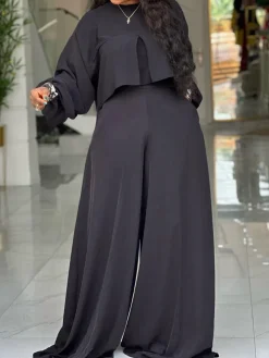 Plus Size Lantern Sleeve Wide Leg Pants Set