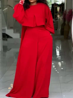 Plus Size Lantern Sleeve Wide Leg Pants Set