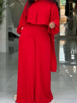 Plus Size Lantern Sleeve Wide Leg Pants Set