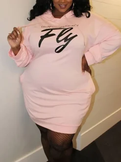 Plus Size Letter Print Hooded Sweatshirt Dress