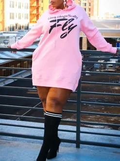 Plus Size Letter Print Hooded Sweatshirt Dress
