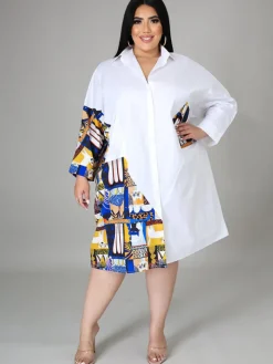 Plus Size Long Sleeve Loose Shirts Midi Dress