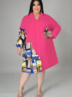 Plus Size Long Sleeve Loose Shirts Midi Dress