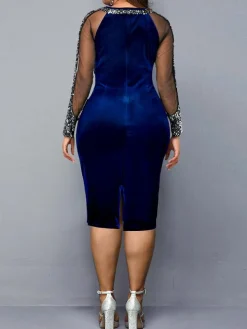 Plus Size Long Sleeve Patchwork Midi Dress