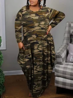 Plus Size Long Sleeve Pockets Print Dress