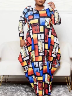 Plus Size Long Sleeve Pockets Print Dress
