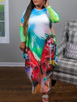 Plus Size Long Sleeve Pockets Print Dress