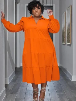 Plus Size Long Sleeve Ruffle Lapel Maxi Dress