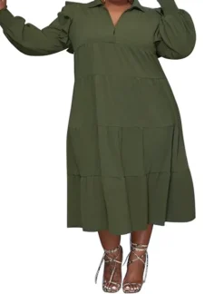 Plus Size Long Sleeve Ruffle Lapel Maxi Dress