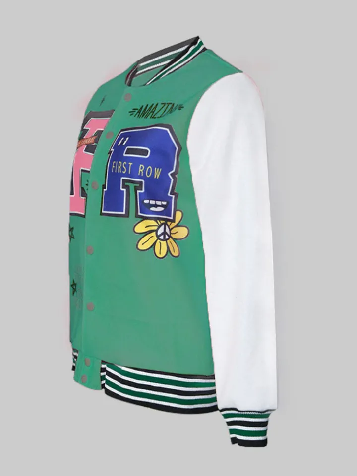 Plus Size Long Sleeves Button Baseball Jacket