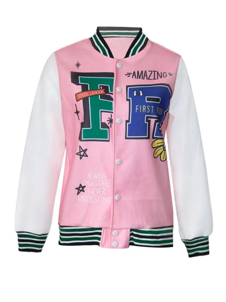 Plus Size Long Sleeves Button Baseball Jacket