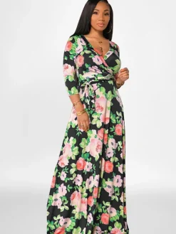 Plus Size Long Sleeves Floral Print Maxi Dress