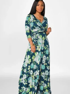 Plus Size Long Sleeves Floral Print Maxi Dress