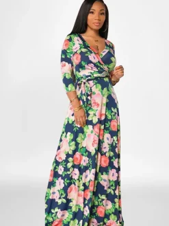 Plus Size Long Sleeves Floral Print Maxi Dress