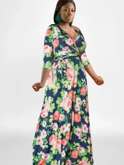 Plus Size Long Sleeves Floral Print Maxi Dress