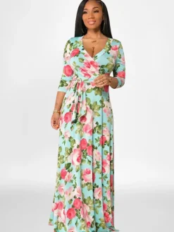 Plus Size Long Sleeves Floral Print Maxi Dress