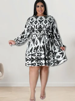 Plus Size Long Sleeves Round Neck Midi Dress