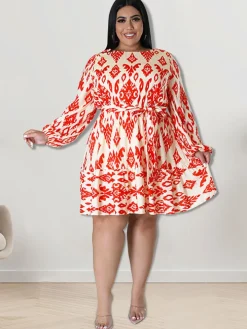 Plus Size Long Sleeves Round Neck Midi Dress