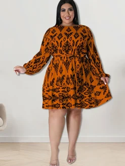 Plus Size Long Sleeves Round Neck Midi Dress